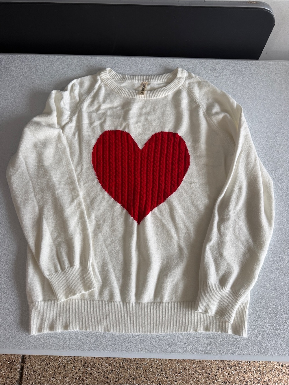 Cream Crewneck Sweater with Red Heart
